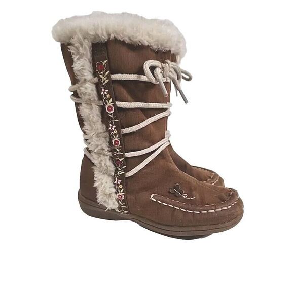 Carter’s Melissa Lace Tall Brown Moccasin Boots Floral Fur Trim Youth Size 9M - Picture 1 of 9